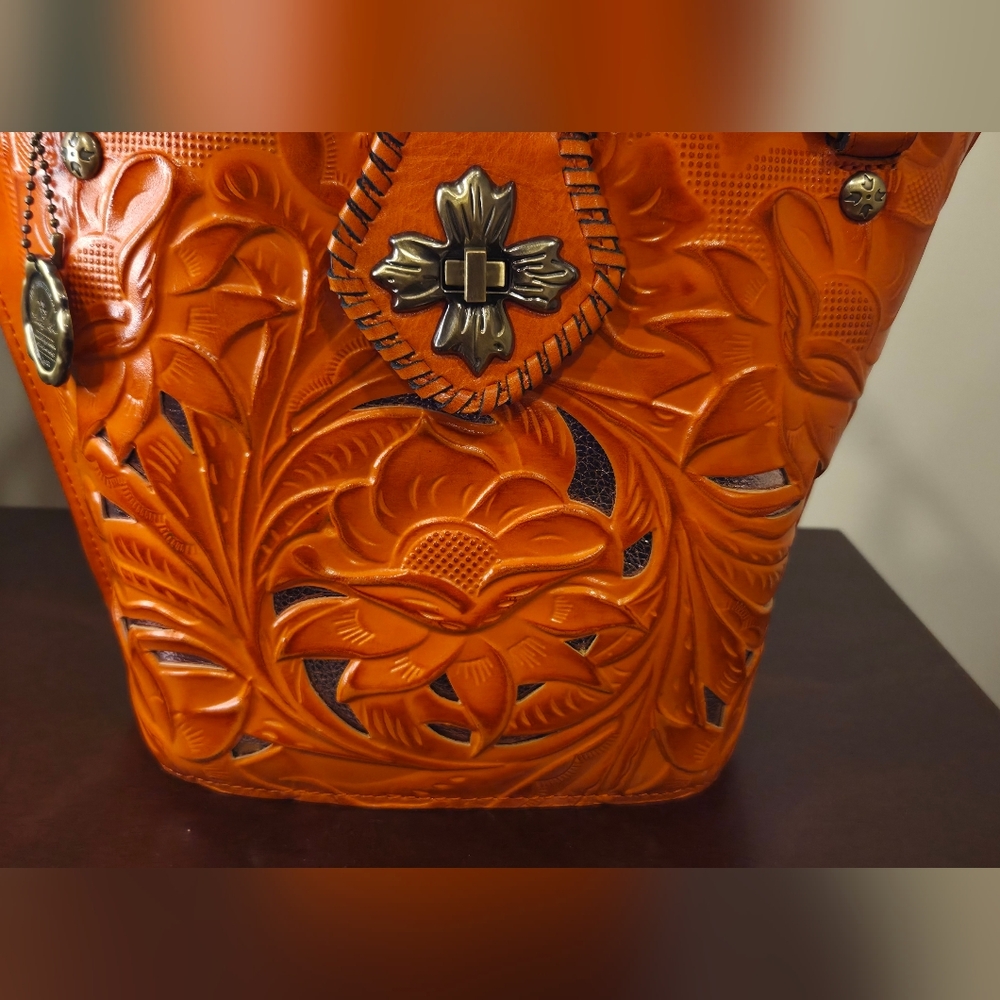 Patricia Nash Leather Cut Out Tooled Ninetta Tote Bucket Hobo Bag Orange - Picture 3 of 12